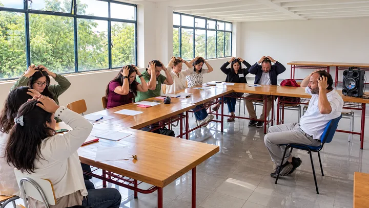 Participantes practican automasaje en un taller grupal dentro de un aula