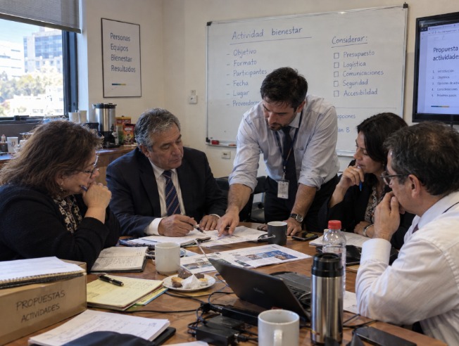 Equipo revisa opciones para una actividad de bienestar en una reunión de oficina
